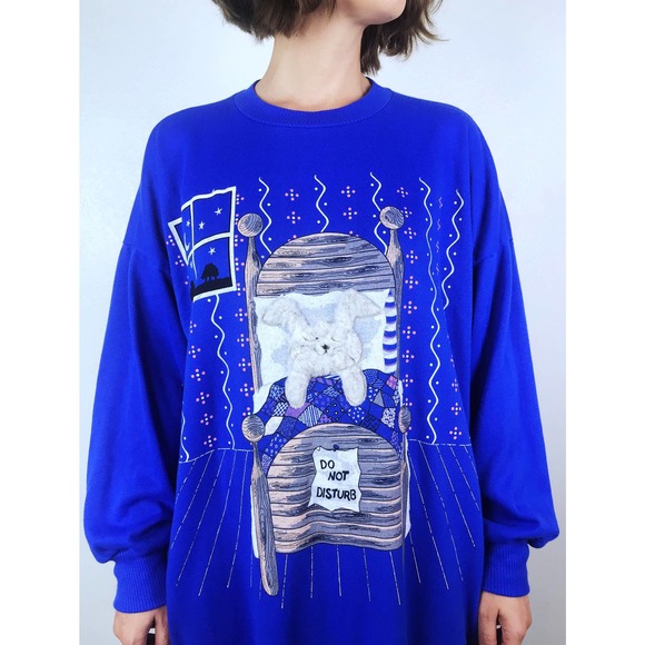 vintage 80s Fuzzy BUNNY pj PAJAMA DRESS os "Do Not Disturb" loungewear novelty - Picture 6 of 10